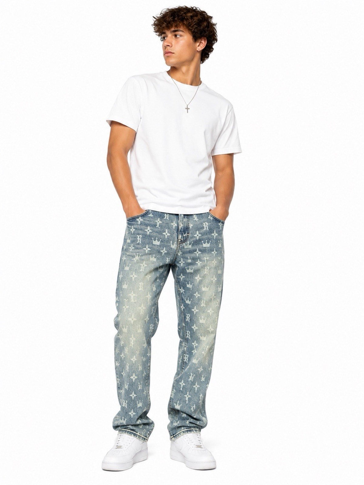 Reveer Jeans Rvr Menâs Skinny Fit Monogram Print Blue Wash Denim Jeans Size 40